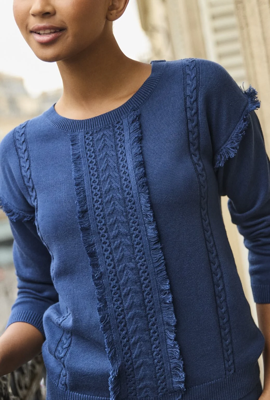 The Olive Fringe Sweater - Navy Blue Knit - BURU