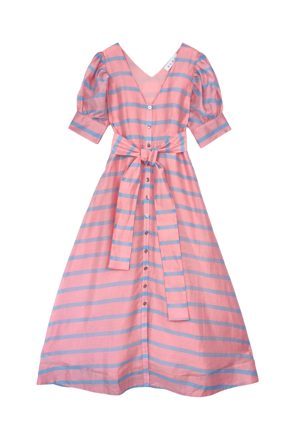 Deep V Puff Sleeve Day Gown - MAXI - Blue Stripe - BURU