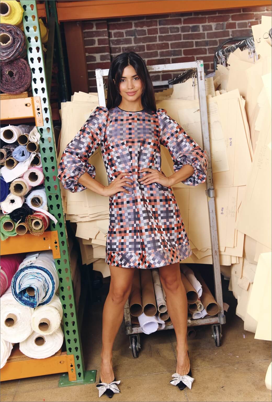 Puff Sleeve Party Dress KNEE LENGTH - Patchwork Brocade - BURU