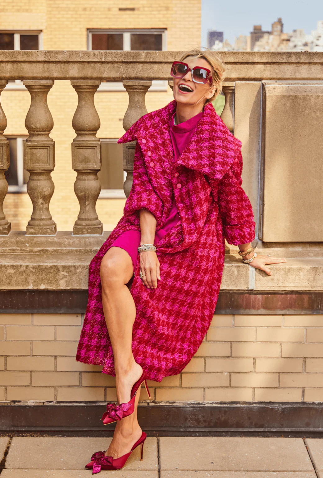 Belted Grace Coat - Pink & Red Tweed - BURU