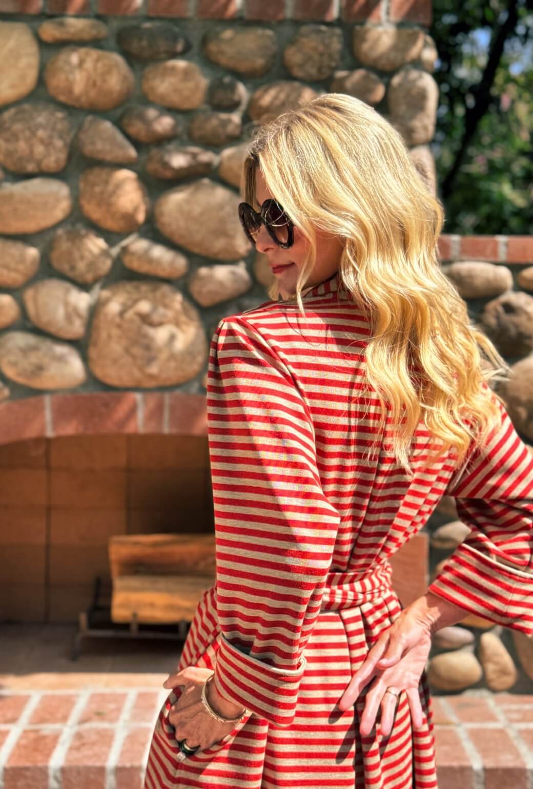 Belted Swing Coat - Taupe & Red Stripe Knit - BURU