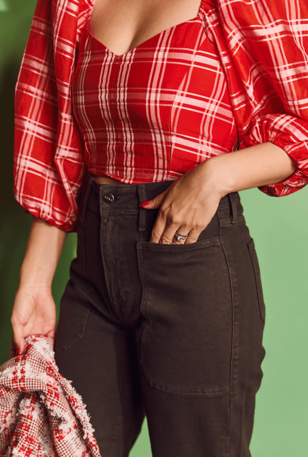 Balloon Sleeve Bustier - Red Plaid - BURU