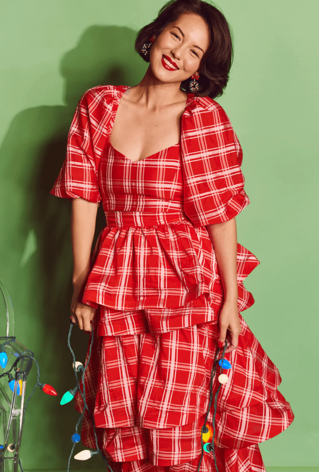 Balloon Sleeve Bustier - Red Plaid - BURU