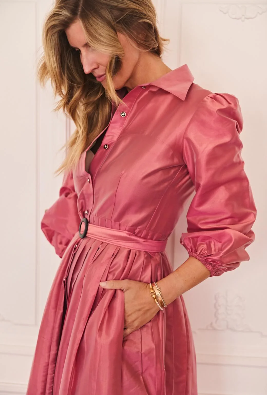 Buru x Anna Kloots Puff Sleeve Shirtdress - Pink Shimmer Taffeta - BURU