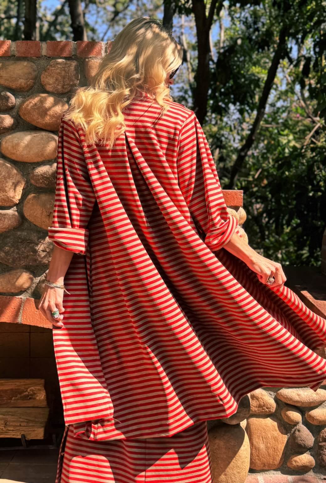 Belted Swing Coat - Taupe & Red Stripe Knit - BURU