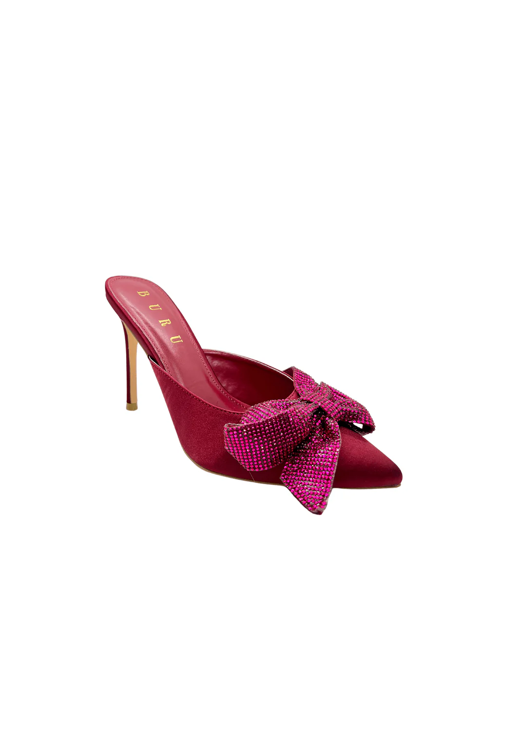 Rhinestone Bow Mules - Bordeaux Satin - BURU