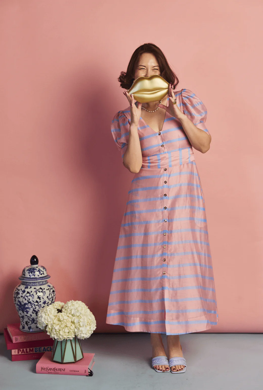 Deep V Puff Sleeve Day Gown - MAXI - Blue Stripe - BURU