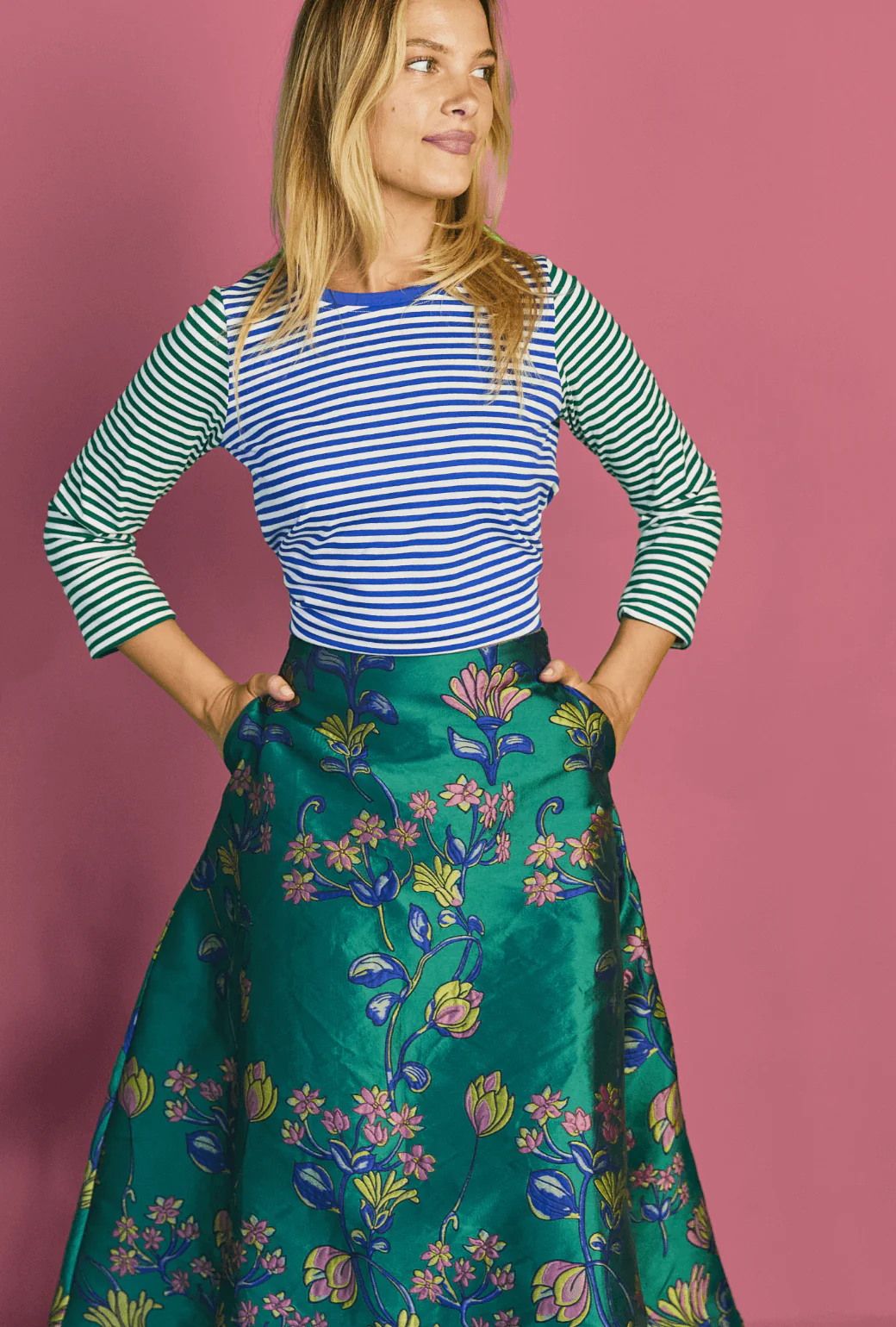 Crew Neck Contrast Tee - Green and Blue Stripe - BURU