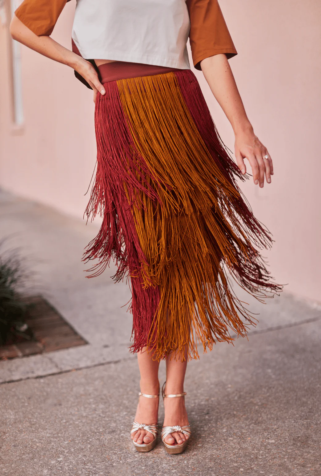 Color Block Fringe Skirt- Rust - BURU
