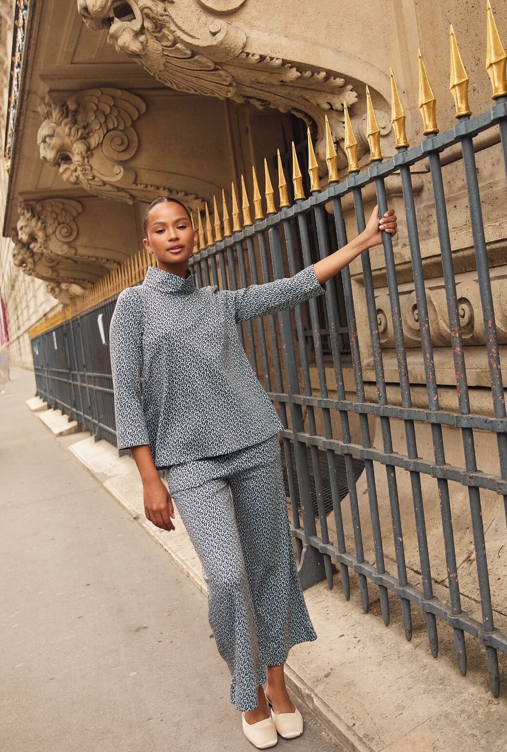 Wide Leg Knit Trouser - Blue & Brown Cheetah Knit - BURU