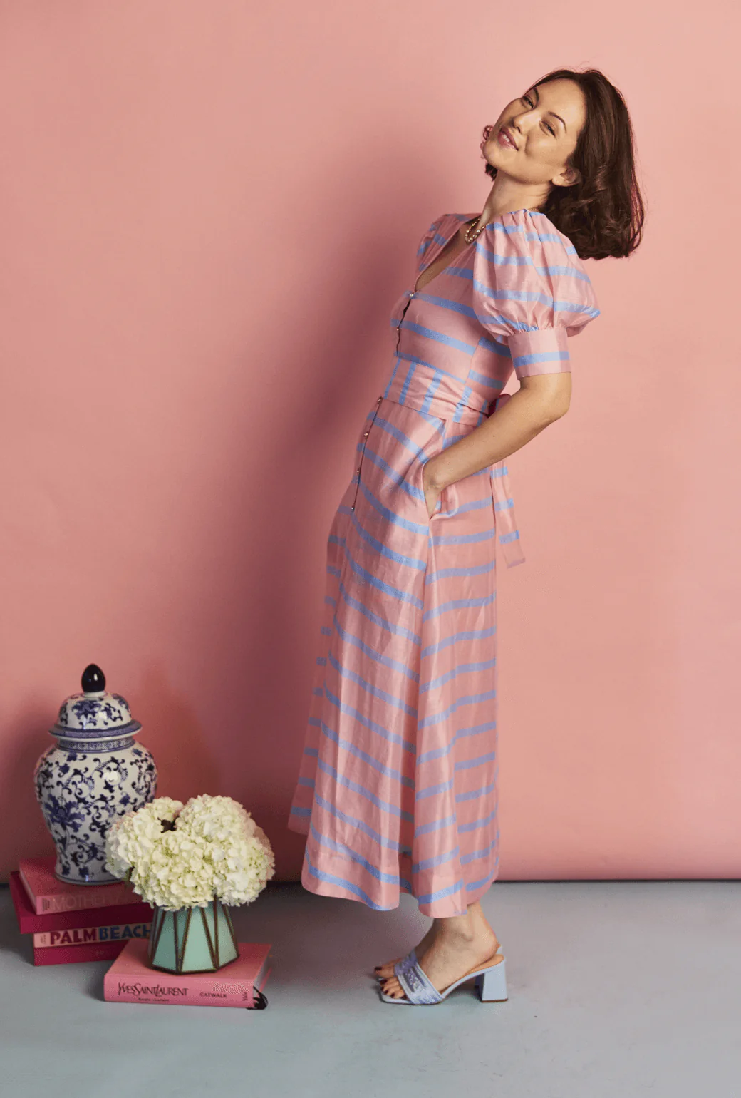 Deep V Puff Sleeve Day Gown - MAXI - Blue Stripe - BURU