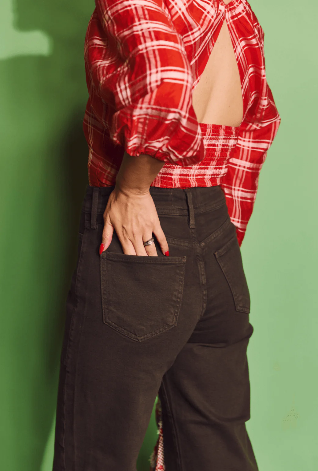 Balloon Sleeve Bustier - Red Plaid - BURU