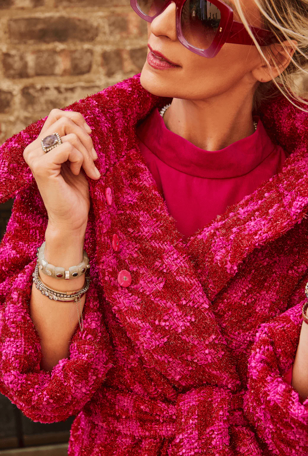 Belted Grace Coat - Pink & Red Tweed - BURU