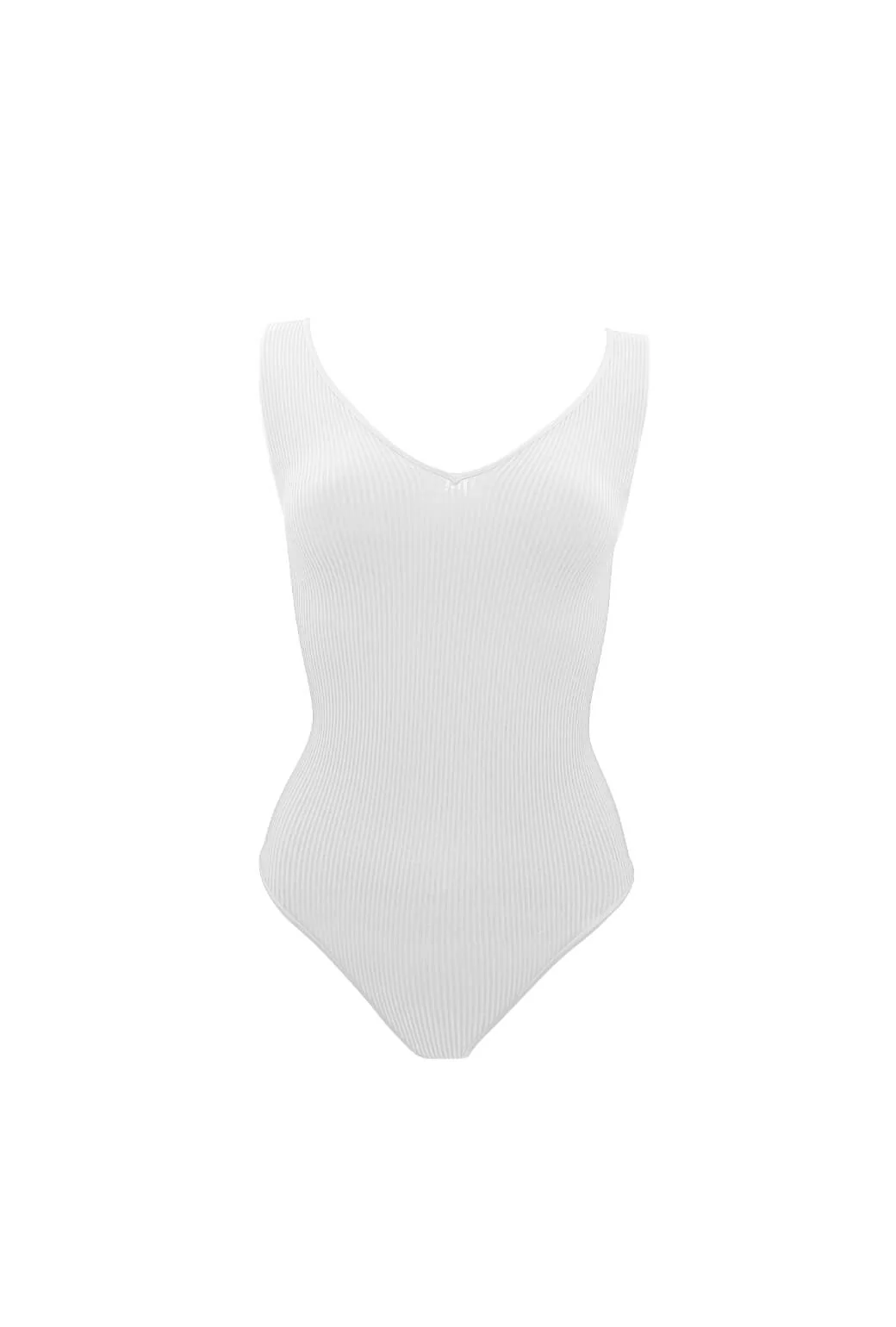 Ribbed V-Neck Sleeveless Body Suit - White - BURU