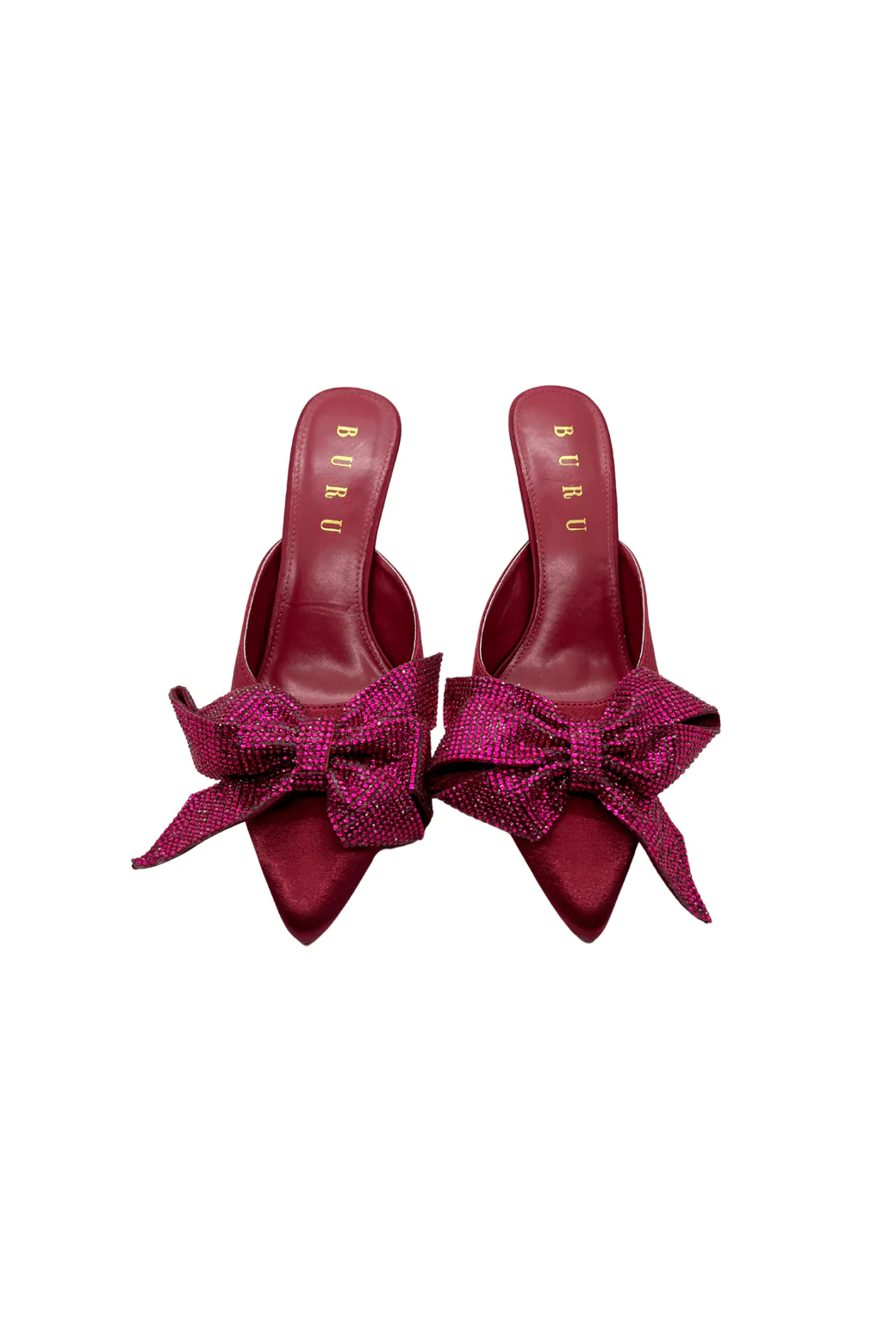 Rhinestone Bow Mules - Bordeaux Satin - BURU
