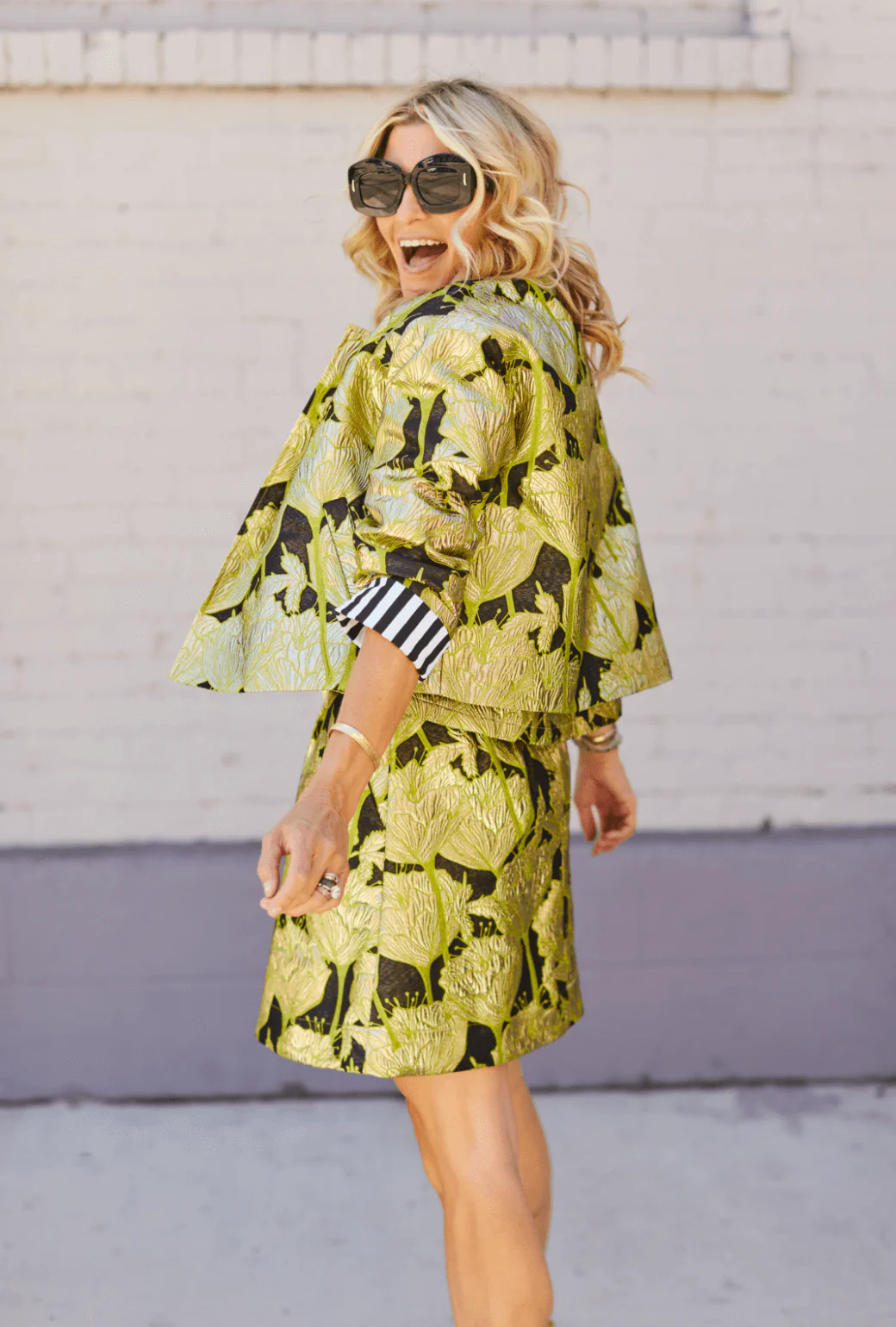 Cropped Boyfriend Blazer - Chartreuse and Black Brocade - BURU