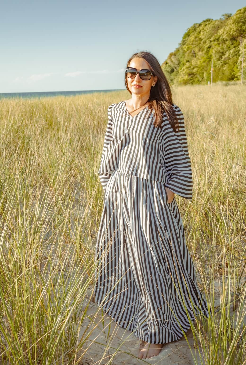 Bell Sleeve V-Neck Top - Black and White Stripe - BURU