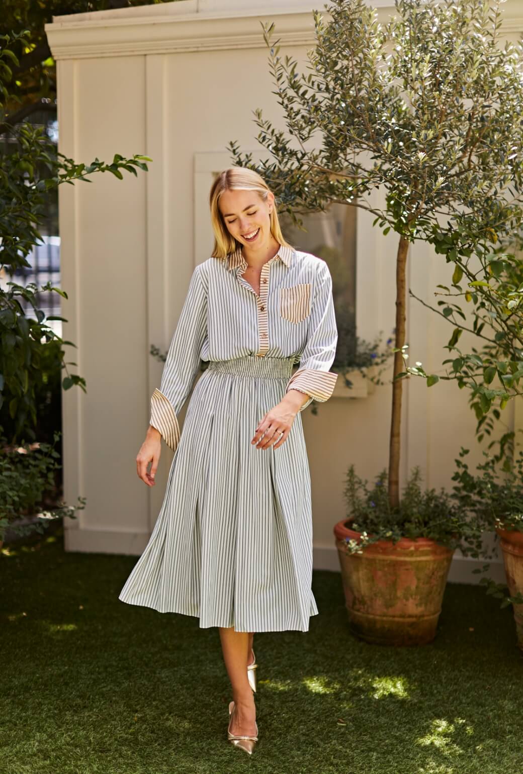 Smocked Waist MIDI Skirt - Deep Sea Stripe - BURU