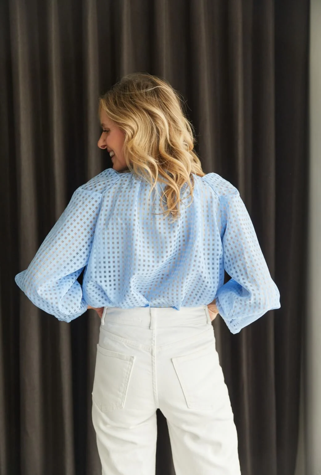 Big Bow Blouse - Blue Sheer Gingham - BURU