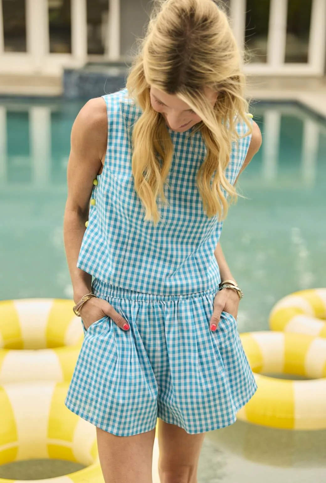 Button Box Top - Turquoise Gingham - BURU