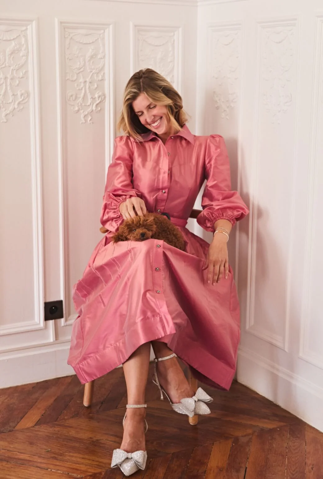 Buru x Anna Kloots Puff Sleeve Shirtdress - Pink Shimmer Taffeta - BURU