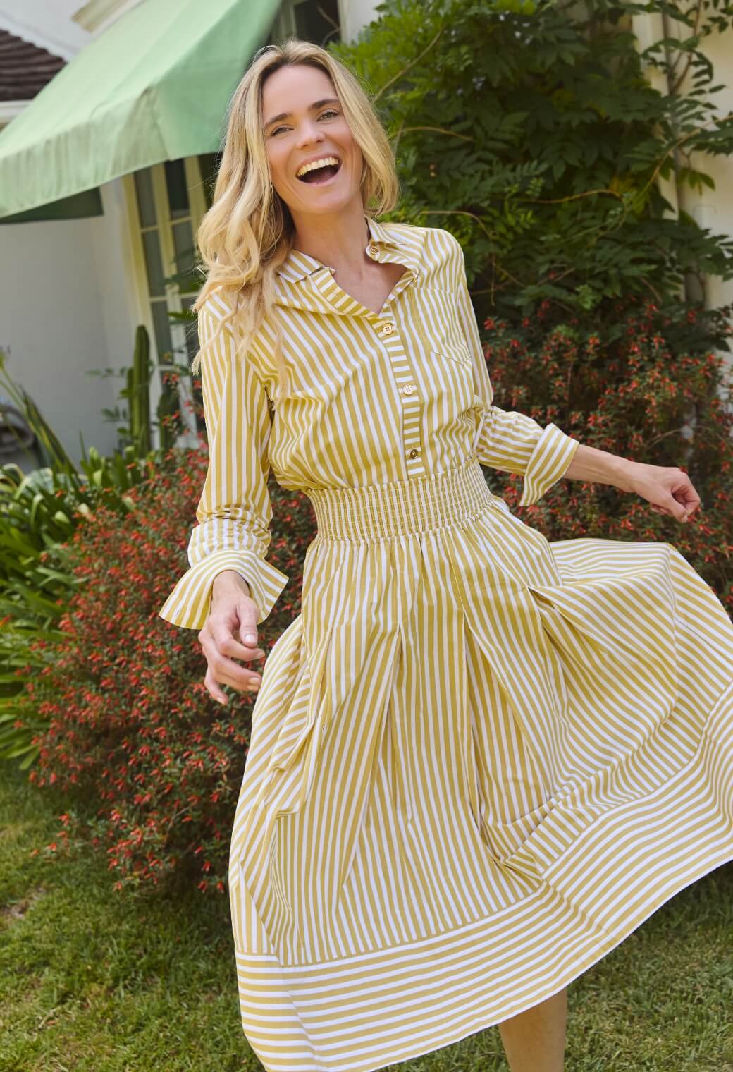 Smocked Waist MIDI Skirt - Citron Stripe - BURU