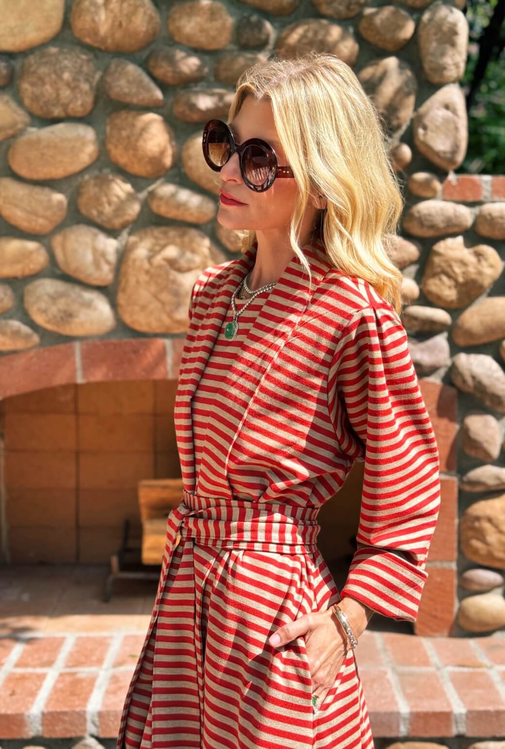 Belted Swing Coat - Taupe & Red Stripe Knit - BURU