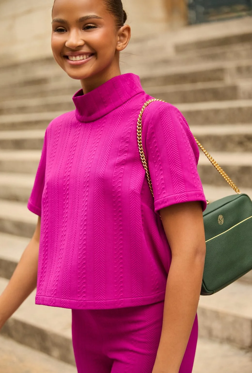 Short Sleeve Mod Top - Fuchsia Cable-knit - BURU