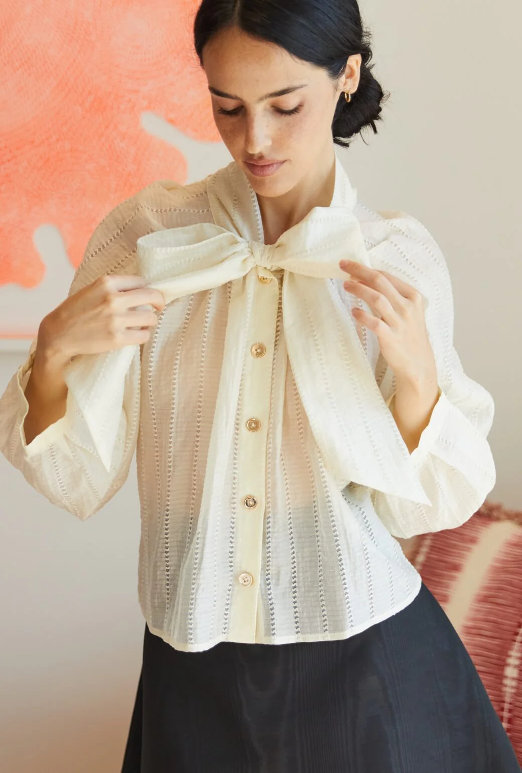 Cropped Big Bow Blouse - Sheer Ivory - BURU
