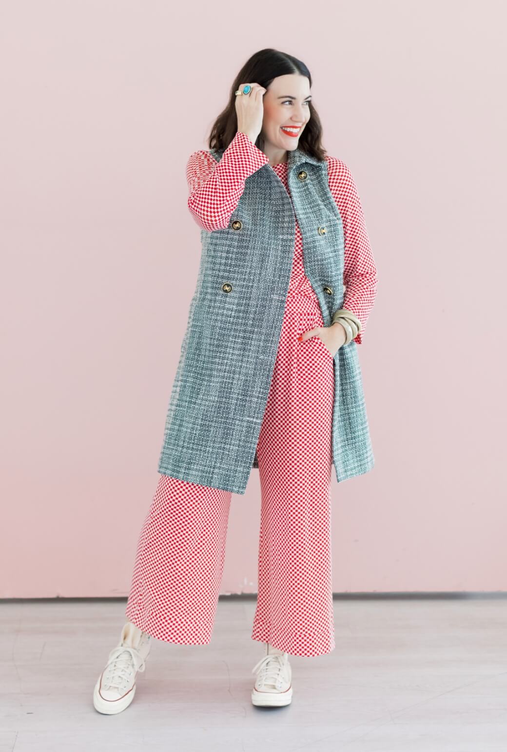 Buru x Val Wide Leg Knit Trouser - Red & White Checkerboard - BURU