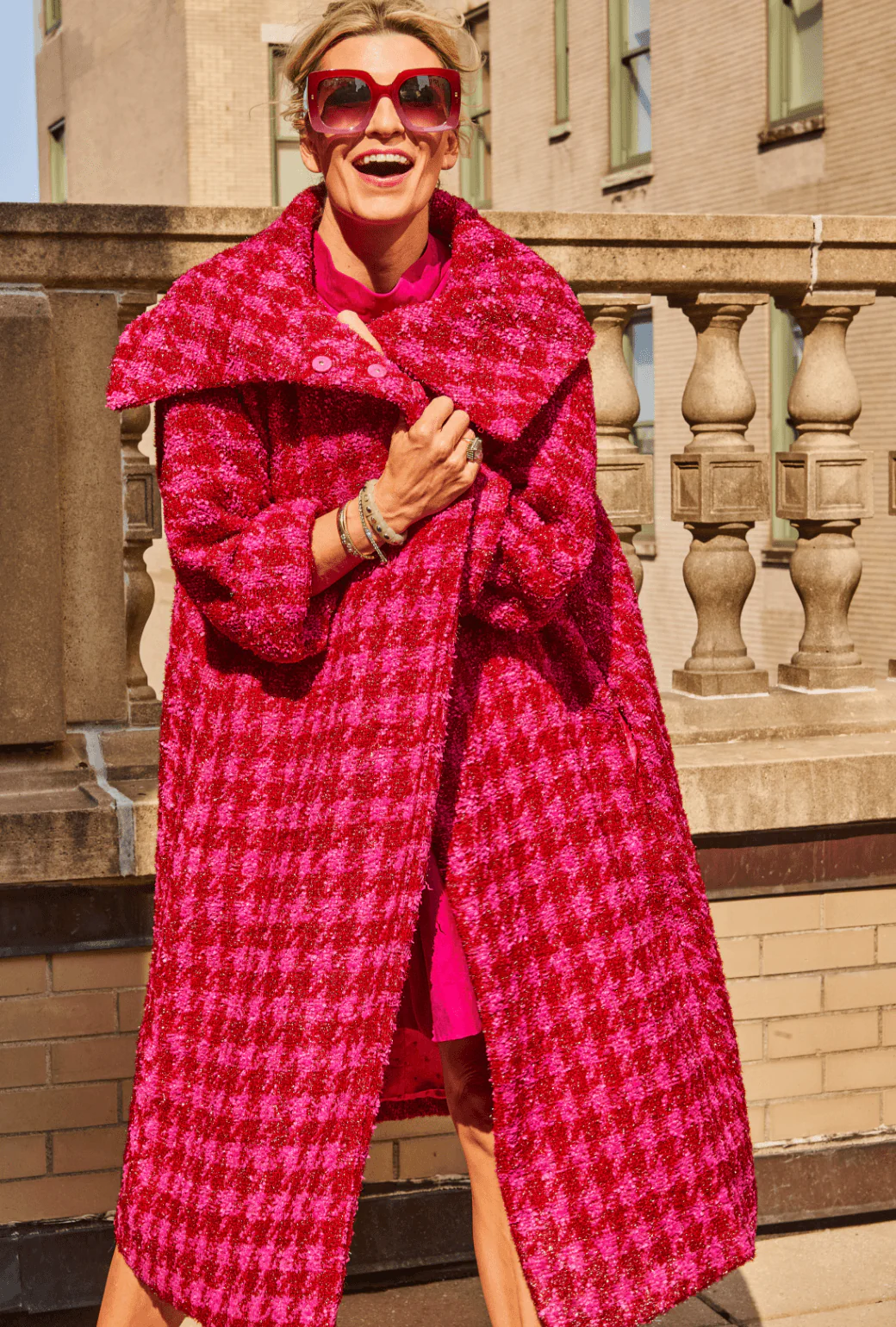 Belted Grace Coat - Pink & Red Tweed - BURU