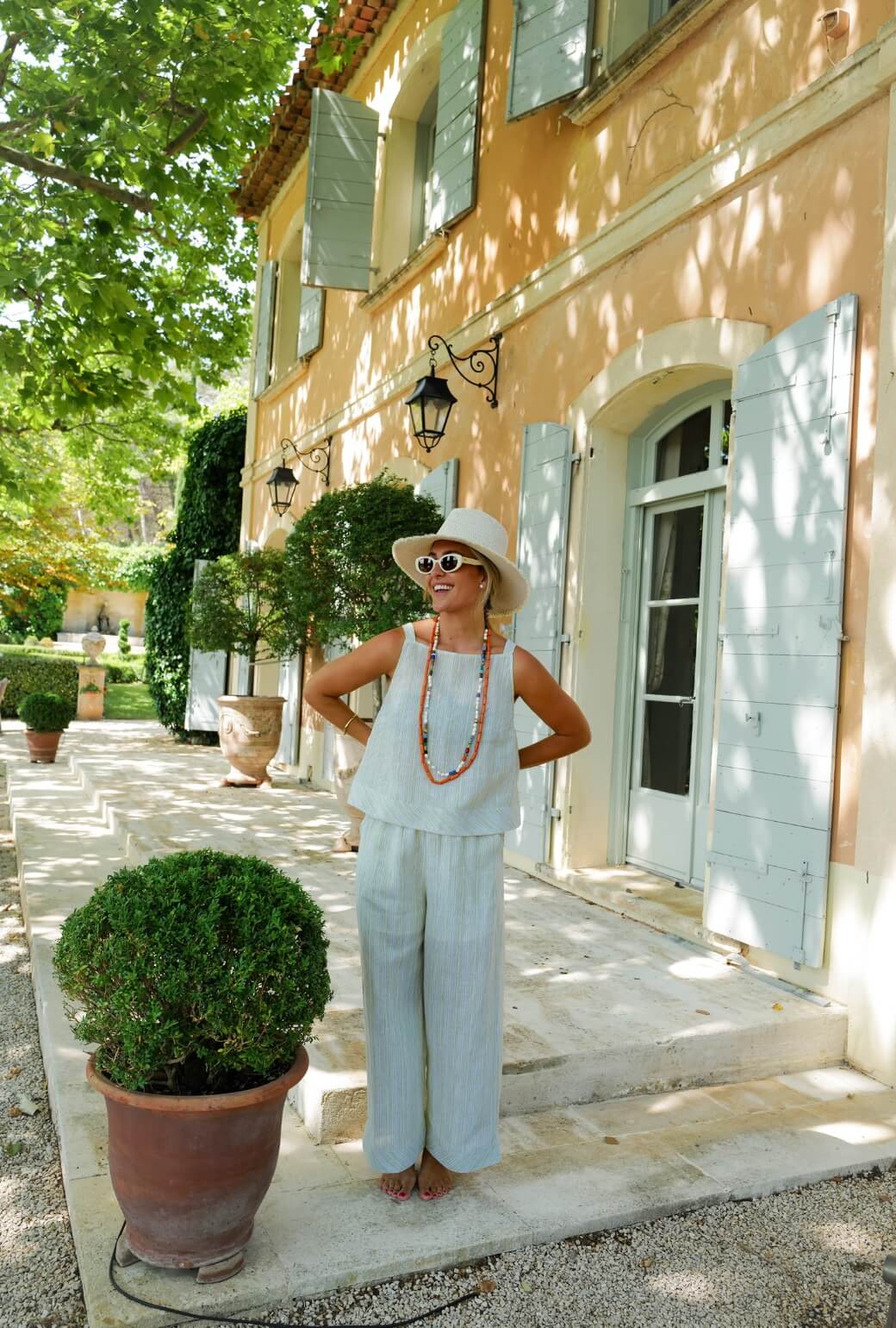 Buru x Megan Stokes Wide Leg Trouser - Green Linen Stripe - BURU