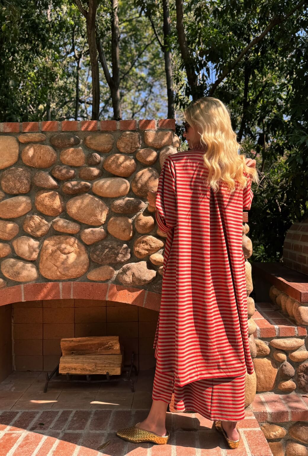 Belted Swing Coat - Taupe & Red Stripe Knit - BURU