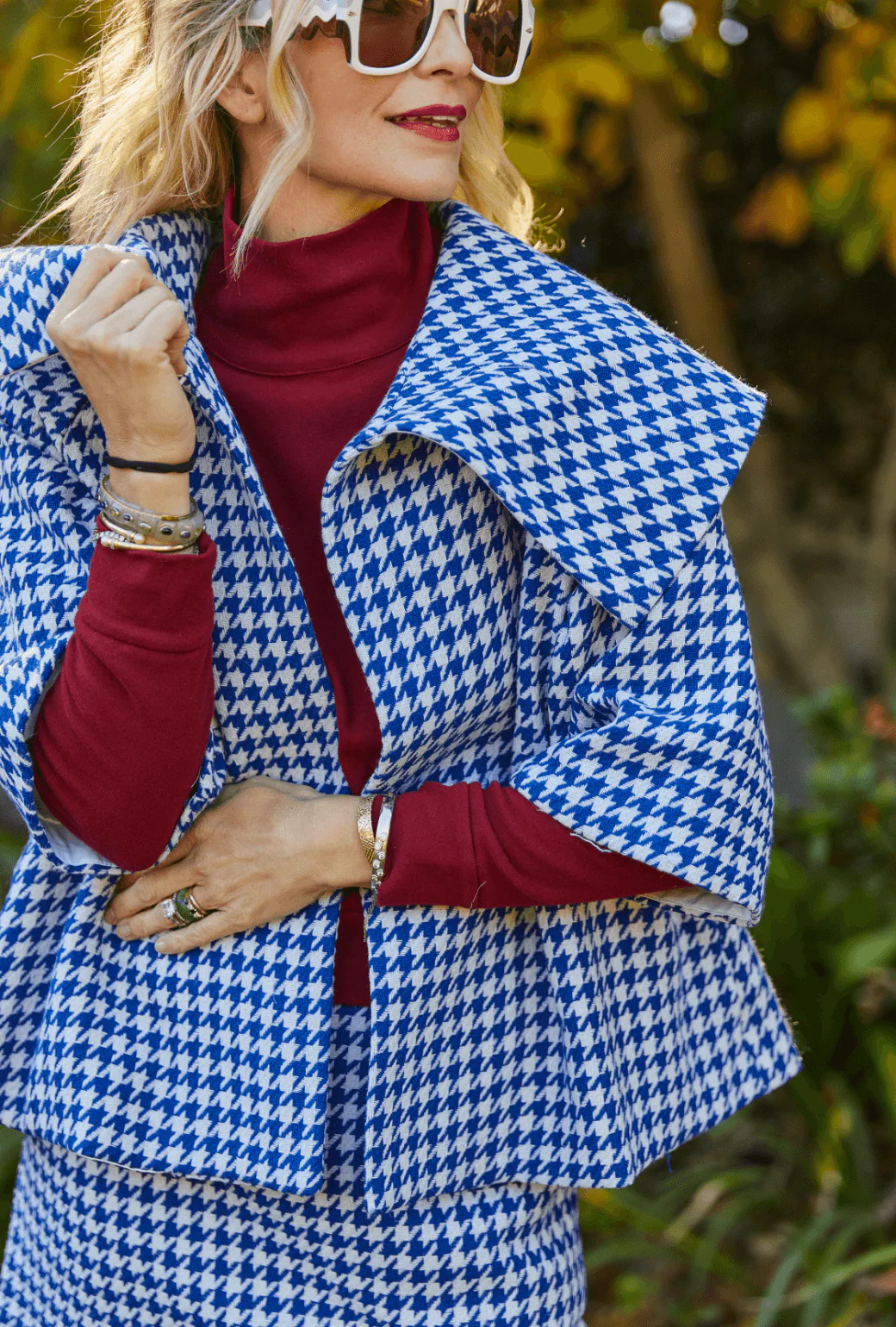 BF Cropped Car Coat - Blue Houndstooth - BURU