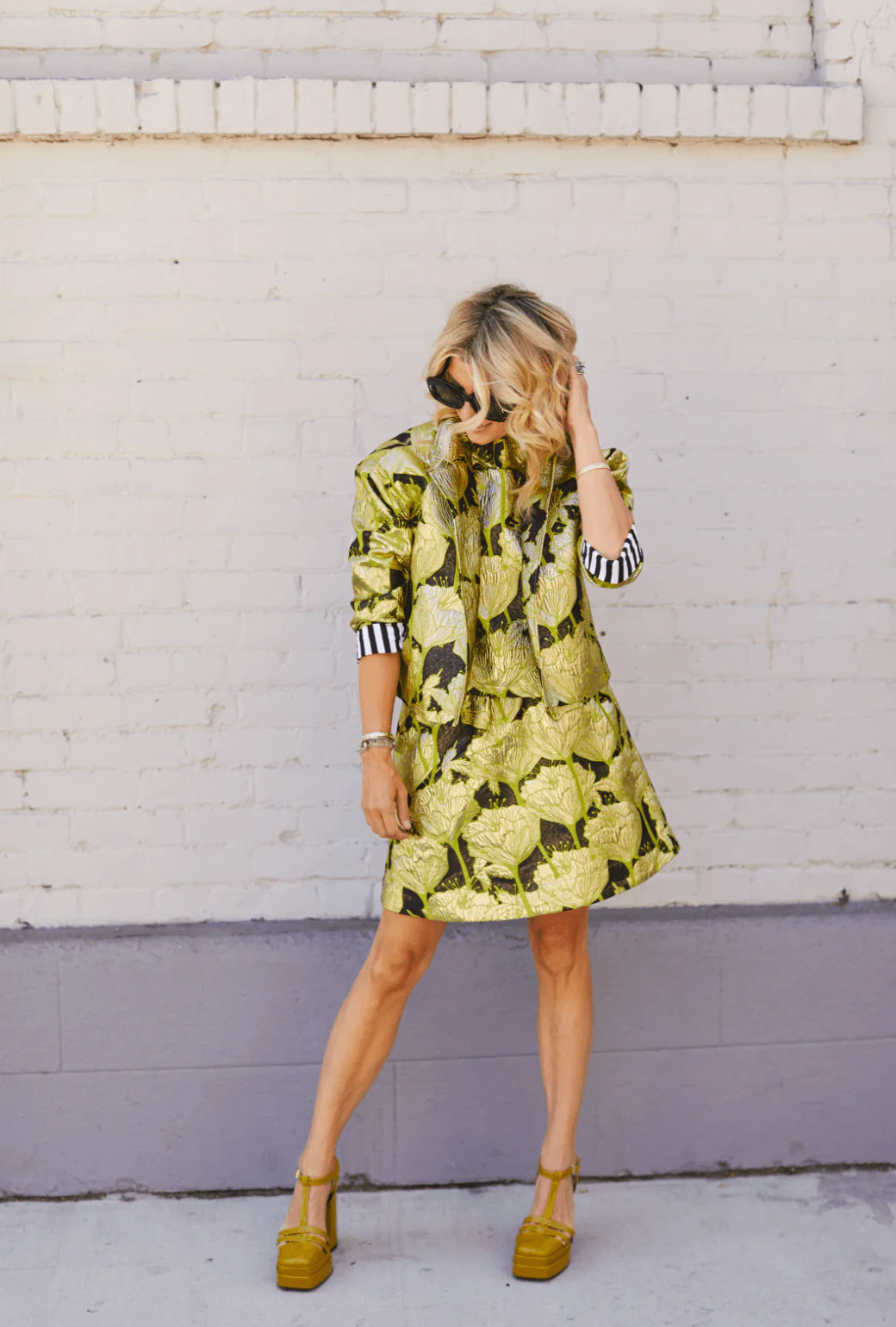 Cropped Boyfriend Blazer - Chartreuse and Black Brocade - BURU