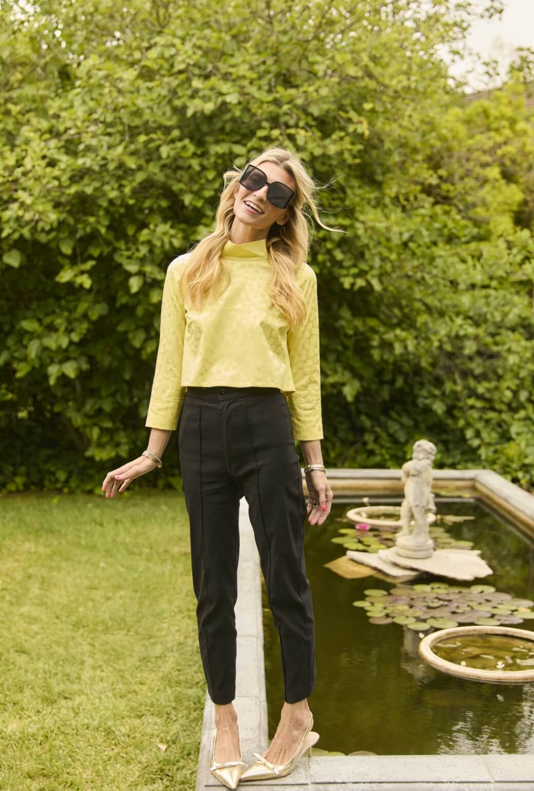 Long Sleeve Twiggy Top - Yellow Satin Polka Dot - BURU