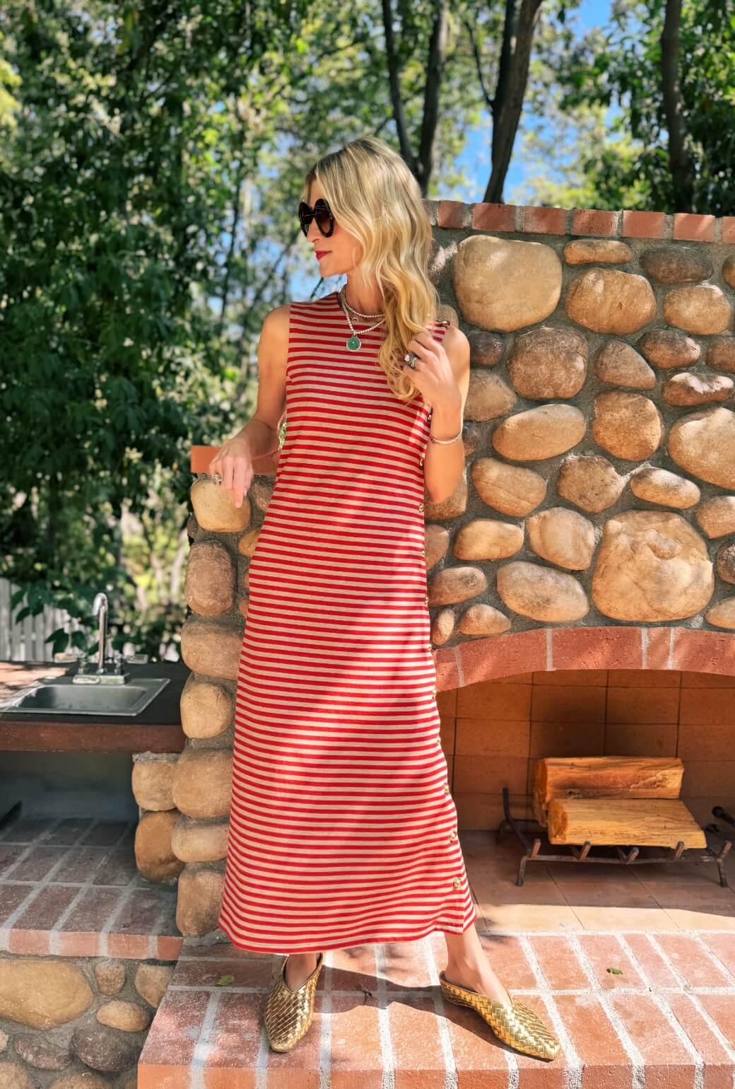 Jackie Dress Maxi - Taupe & Red Stripe Knit - BURU
