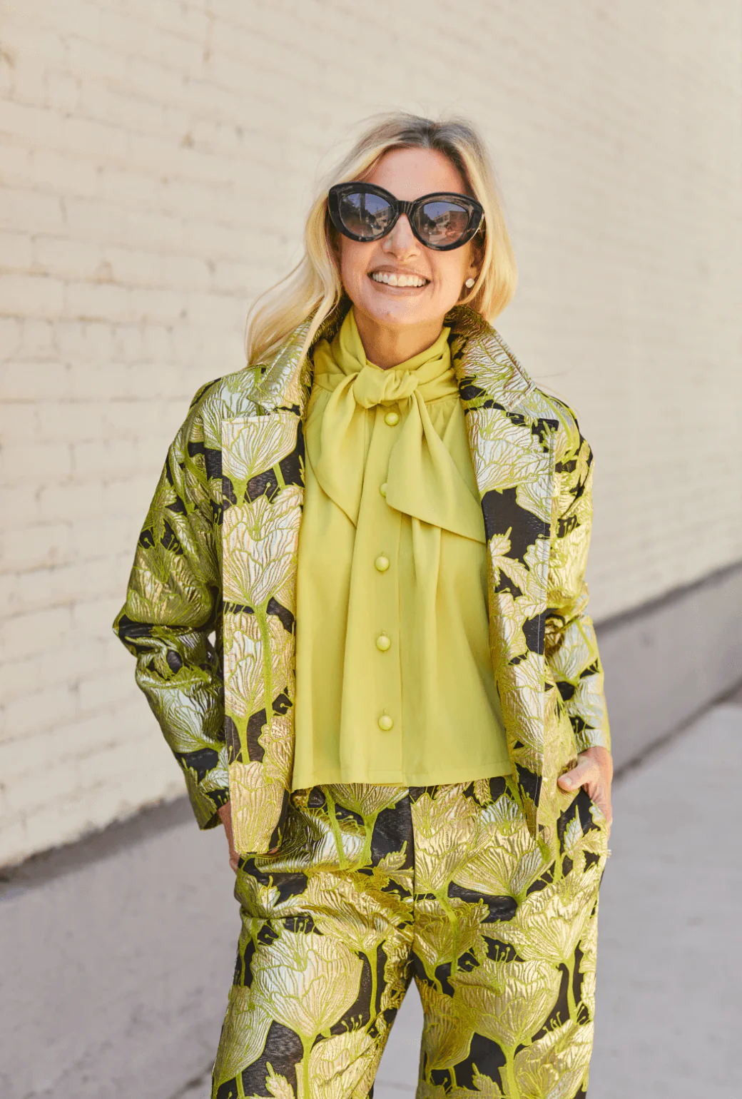 Cropped Boyfriend Blazer - Chartreuse and Black Brocade - BURU