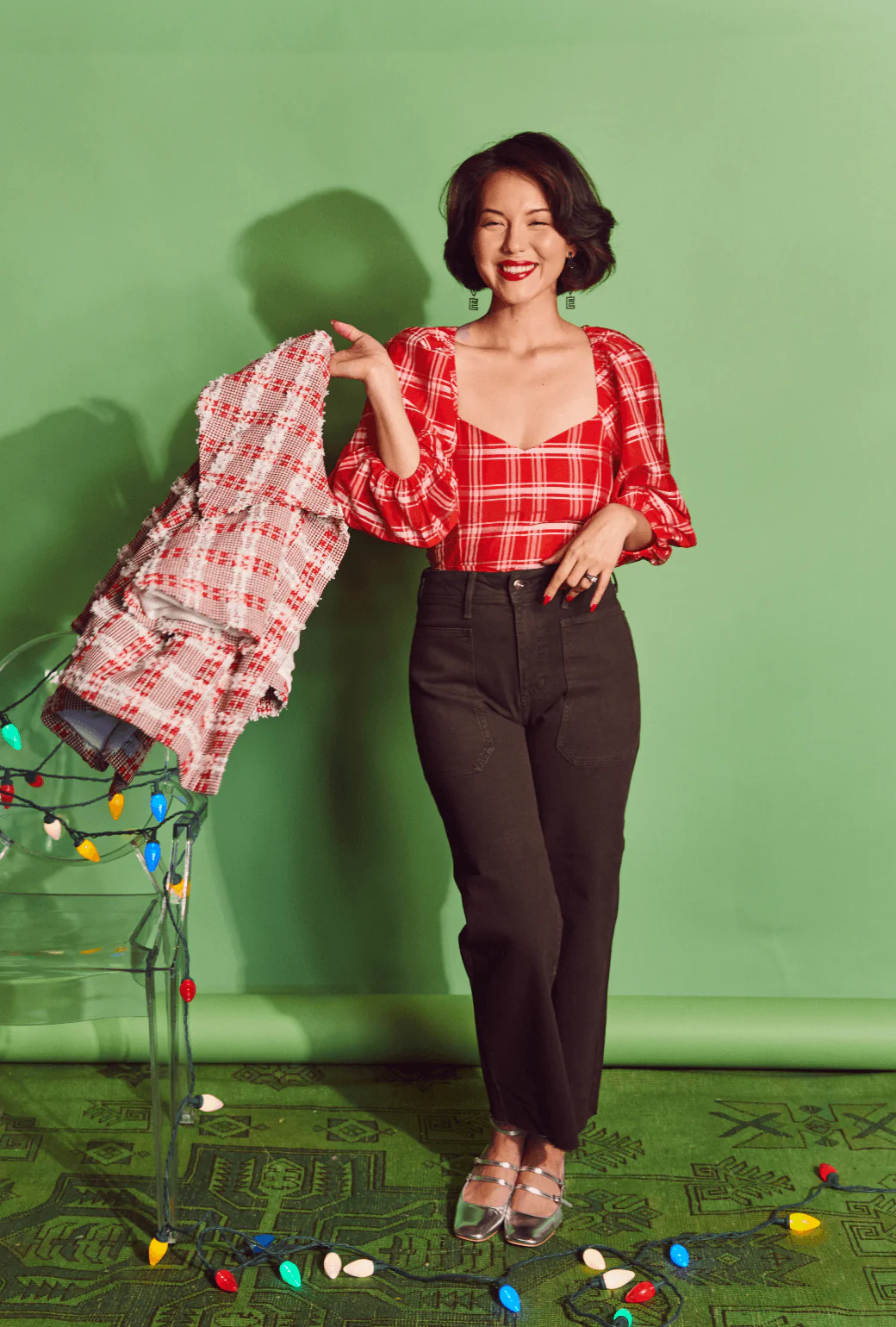 Balloon Sleeve Bustier - Red Plaid - BURU